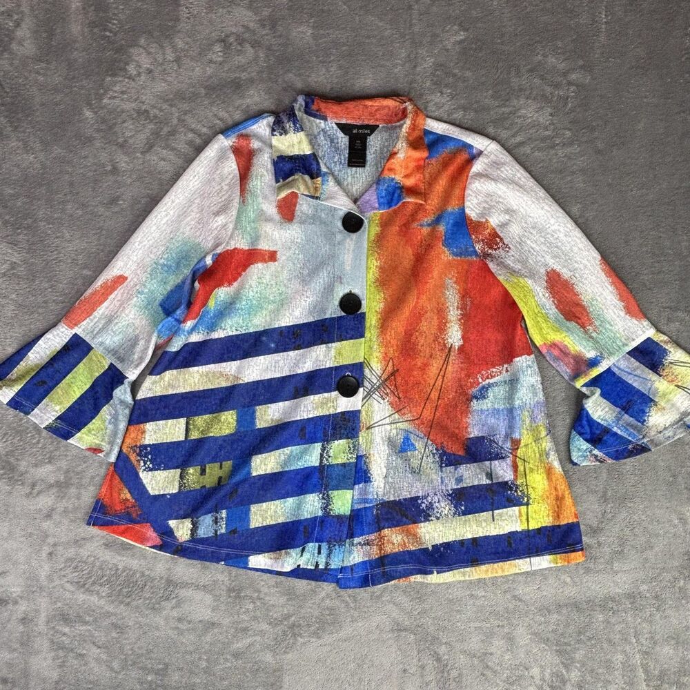 Ali Miles Tunic Top Womens Petite Medium Multicolor Button Front Bell‎ Sleeve